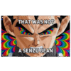 Angry anime rave flag with rainbow fractal burst, text reads not a senzu bean