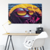 Purple retro 80s rave flag hanging above a desk showing the neon sunset frog design