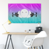 Magenta teal kaomoji rave flag hung above a desk as festival room decor