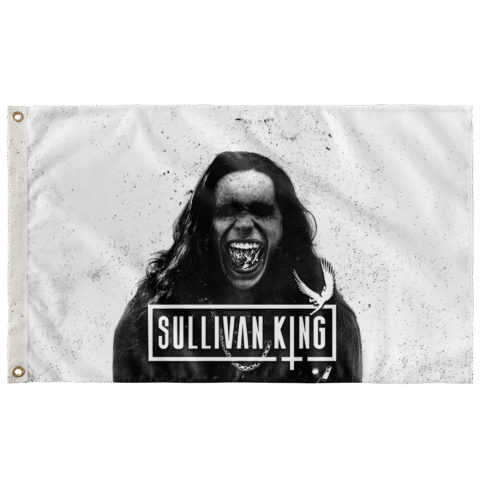 Black and white rave flag with screaming face photo and Sullivan King wordmark, front view