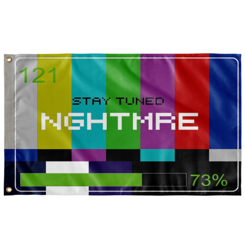 Retro TV color bars flag with Stay Tuned Nghtmre text and 73% loading bar