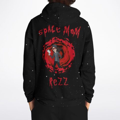 Space Mom Rezz text on black starfield hoodie back with red portal cartoon figure