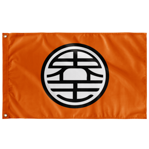 Orange flag with circular kanji emblem in black and white, front view flat lay