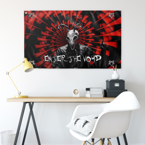 Black red menacing figure rave flag hung above a desk with pentagram corner accents