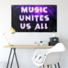 Galaxy rave flag hung on wall above desk with yellow lamp and white chair