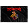 Black starry rave flag with jagged red lettering above a floral skeleton ribcage design