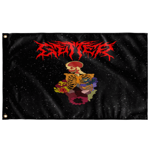 Black starry rave flag with jagged red lettering above a floral skeleton ribcage design