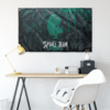 Green concentric spiral Skull Team rave flag hung above a desk