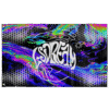Psychedelic oil slick rave flag with cursive lettering and sacred geometry grid, flat view