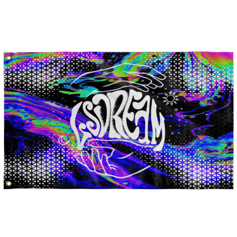 Psychedelic oil slick rave flag with cursive lettering and sacred geometry grid, flat view