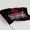 Blood splatter rave flag waving on pole showing dripping red paint and winged logo