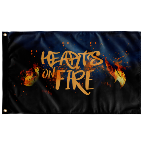 Hearts on Fire graffiti text flag with flame accents on dark navy backdrop flat view