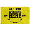 Bright yellow rave flag reading All Are Welcome Here with smiley face and EDC logos