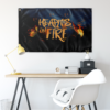 Hearts on Fire rave flag mounted on wall above desk showing full flame graphic design