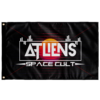 Black rave flag with retro sunset logo reading ATLiens Space Cult and grid lines