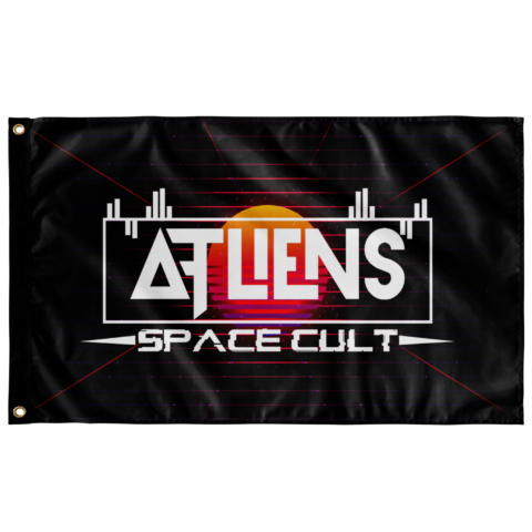 Black rave flag with retro sunset logo reading ATLiens Space Cult and grid lines