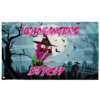 Headbangers Bitch flag with cartoon zombie holding blade claws under full moon