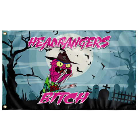 Headbangers Bitch flag with cartoon zombie holding blade claws under full moon