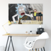 Muted desert cartoon scientist rave flag hung above desk with yellow lamp and white chair