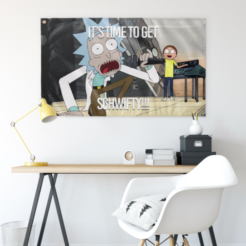 Muted desert cartoon scientist rave flag hung above desk with yellow lamp and white chair