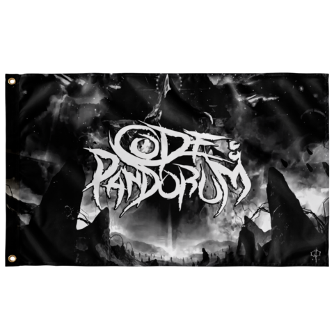 Black gothic rave flag with Code Pandorum text over apocalyptic mountain scene