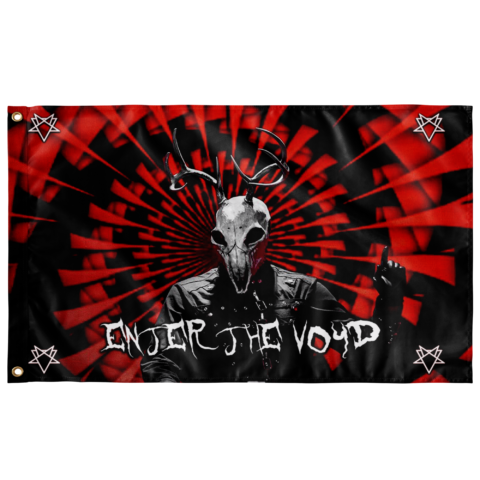 Antlered skull figure rave flag with red starburst pattern and Enter The Void text