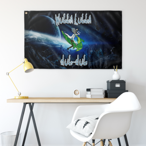 Black cartoon mad rave flag hung above a desk showing space scene and grommet corners