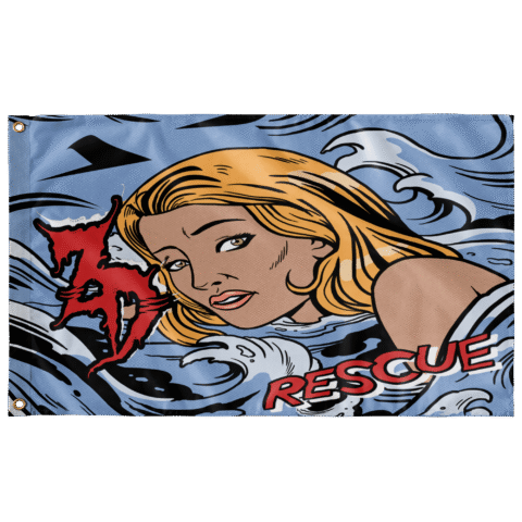 Comic pop rave flag with blonde woman in waves and red RESCUE text close-up