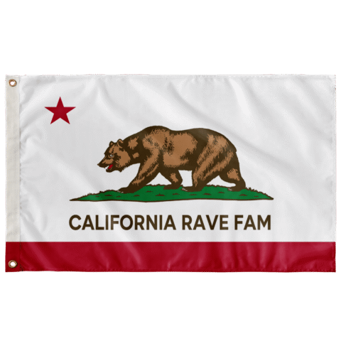 California Republic rave flag with grizzly bear text reads California Rave Fam