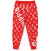 Red monogram print joggers with Riddim text front view flat lay