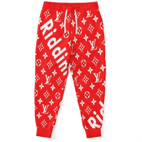 Red monogram print joggers with Riddim text front view flat lay