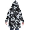 Black gray and white camo print hooded rave cloak back view with pointed hood up