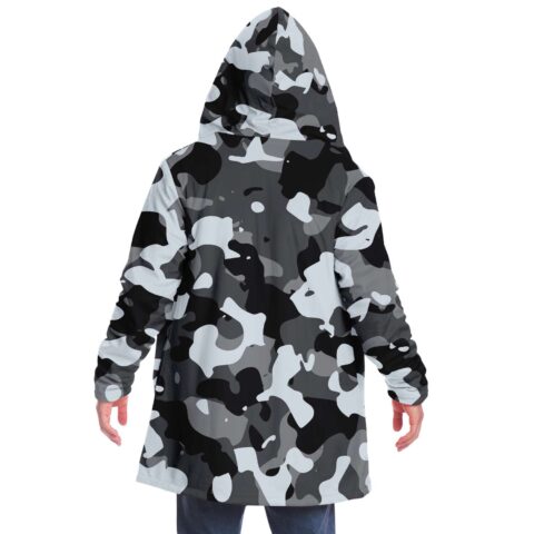 Black gray and white camo print hooded rave cloak back view with pointed hood up