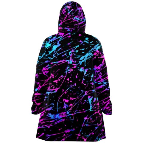 Black splatter rave cloak hanging back view showing full neon pink blue paint drip pattern