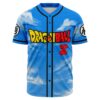 Sky blue cloudy baseball jersey with anime-inspired lettering and red fist logo front view