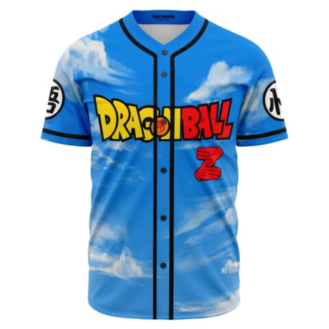 Sky blue cloudy baseball jersey with anime-inspired lettering and red fist logo front view