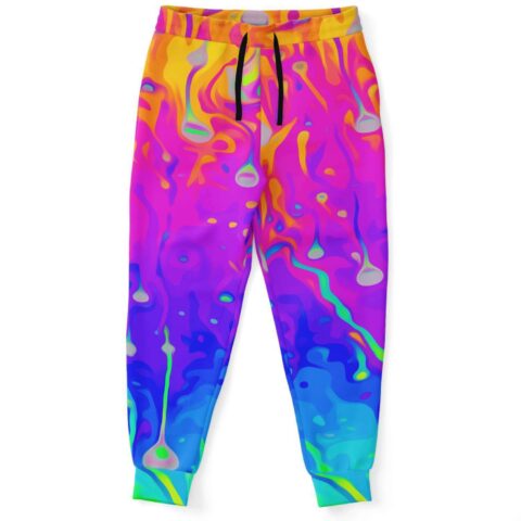Melting liquid rave joggers in hot pink and orange front view with drawstring waist