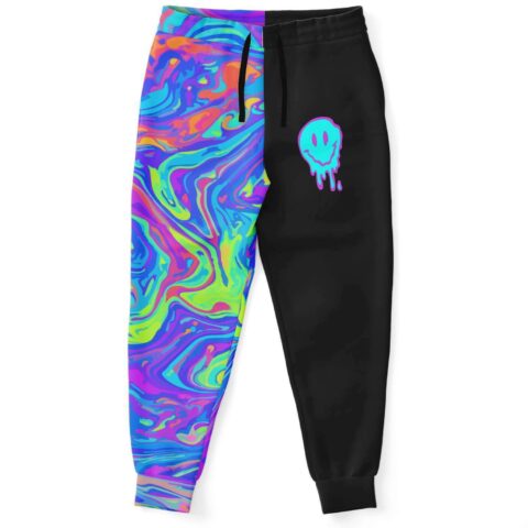 Split rave joggers with oil slick swirl leg and black leg with drippy smiley print