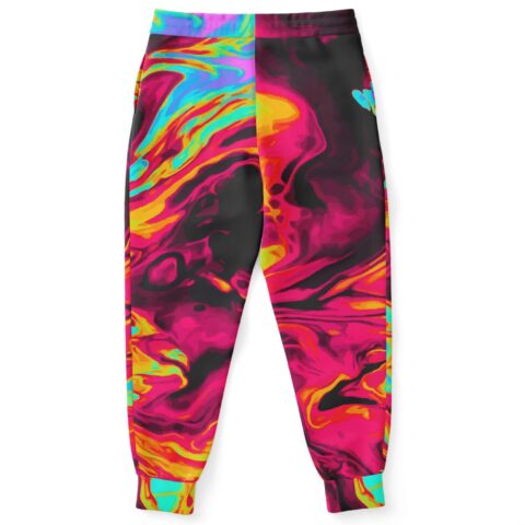 Back view of hot pink oil slick joggers with marbled neon swirl pattern, cuffed ankles
