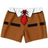 Brown cartoon-dog inspired swim trunks with red tie and collar print, front view