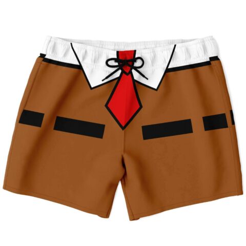Brown cartoon-dog inspired swim trunks with red tie and collar print, front view