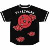 Sharingan text and red eye emblem on back of black anime-inspired jersey
