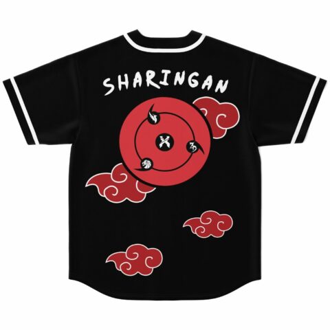 Sharingan text and red eye emblem on back of black anime-inspired jersey