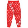 Red monogram print joggers back view showing full pattern and cuffs