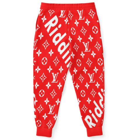 Red monogram print joggers back view showing full pattern and cuffs
