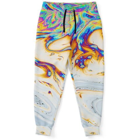 Front view of pastel soap film rave joggers with oil slick swirl print, black drawstring