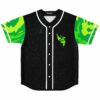 Front view of black starry space rave baseball jersey with green camo sleeves and small