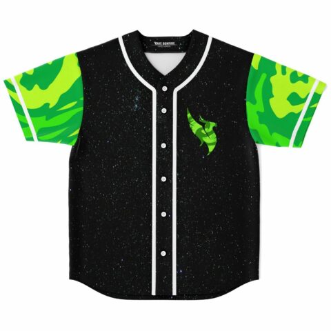 Front view of black starry space rave baseball jersey with green camo sleeves and small