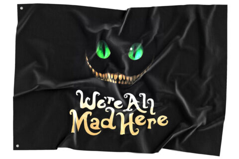 Black rave flag with glowing green cat eyes and sharp teeth grin above We're All