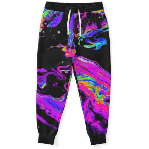 Black psychedelic galaxy rave joggers with oil-slick swirl print, front view